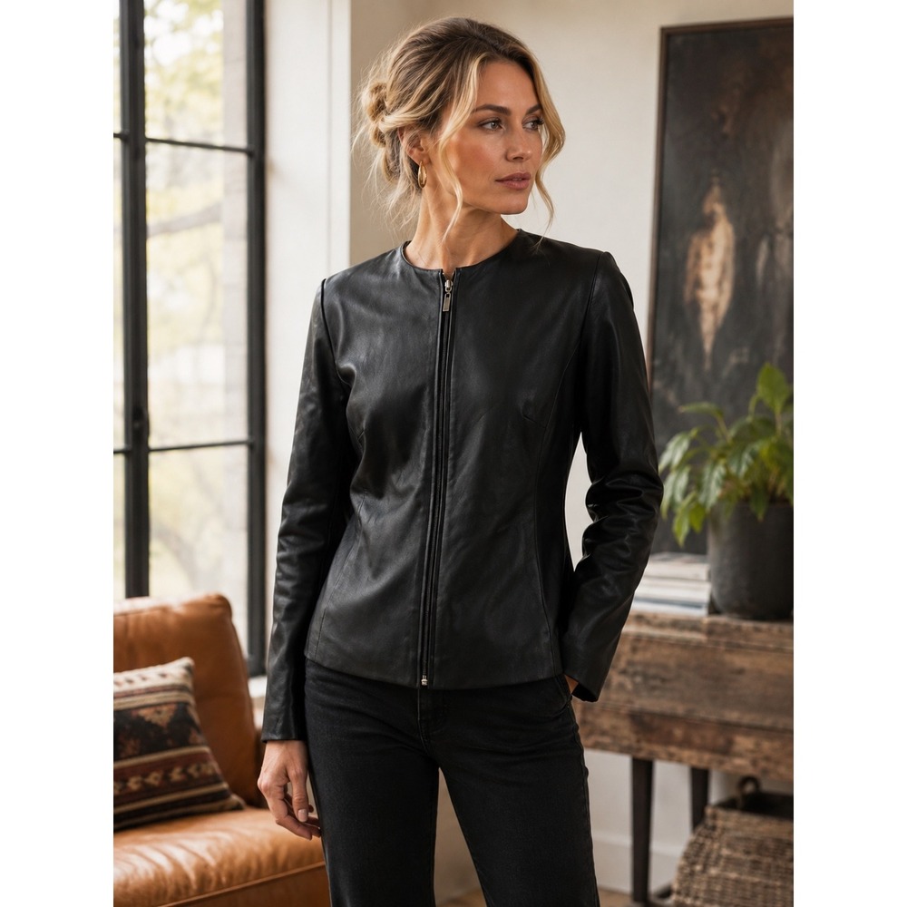 Black Lambskin Leather Jacket Collarless Zip Front Minimalist Size S